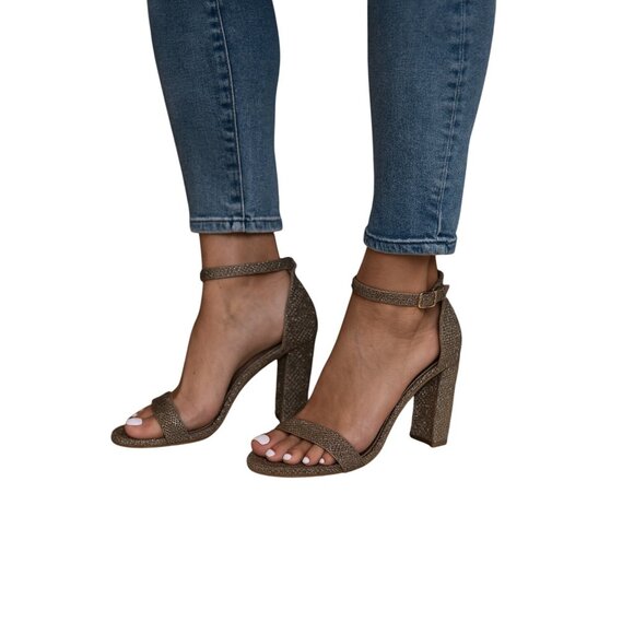 Bandolino 8M Glittery Gold Open Toe Heel Sandals Ankle Strap Buckle Closure - Picture 1 of 16